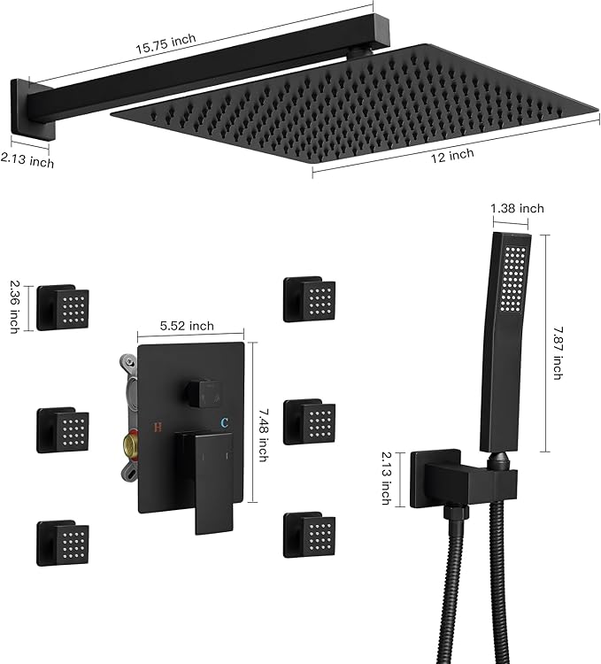 BWE Black Shower System with Body Jets 12 Inch Wall Mounted Rain Shower and Handheld Sprays Brass Full Body Massage Spa Spray and Rough In Valve Faucet Set Combo for Bathroom Matte