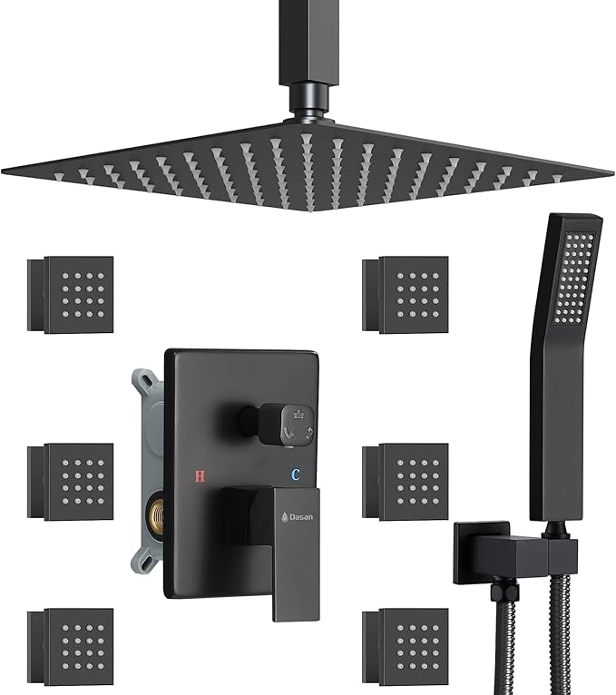 DASAN Full Body Shower System with 6 PCS Body Spray Jets & 12'' Rain Shower Head & Handheld, Ceiling Mount Rain Shower System Matte Black Shower Faucets Sets Complete with Valve, SA-SS03AMB-S12C2