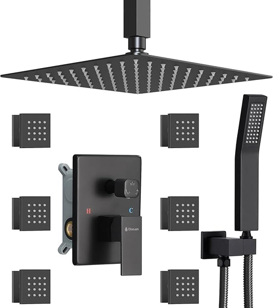 DASAN Full Body Shower System with 6 PCS Body Spray Jets & 12'' Rain Shower Head & Handheld, Ceiling Mount Rain Shower System Matte Black Shower Faucets Sets Complete with Valve, SA-SS03AMB-S12C2