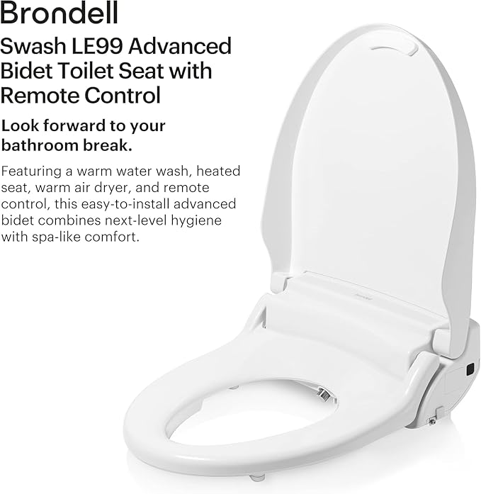 Brondell LE99 Bidet Toilet Seat, Fits Elongated Toilets, Electric Bidet with Remote, Warm Air Dryer, Strong Wash Mode, Stainless-Steel Nozzle, Saved User Settings & Easy Installation
