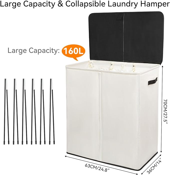 WOWLIVE Laundry Hamper with Lid,160L Large Laundry Basket 3 Section with Removable Washing Bags,Collapsible Waterproof Dirty Clothes Hamper for Laundry Room Bathroom Dorm,Beige