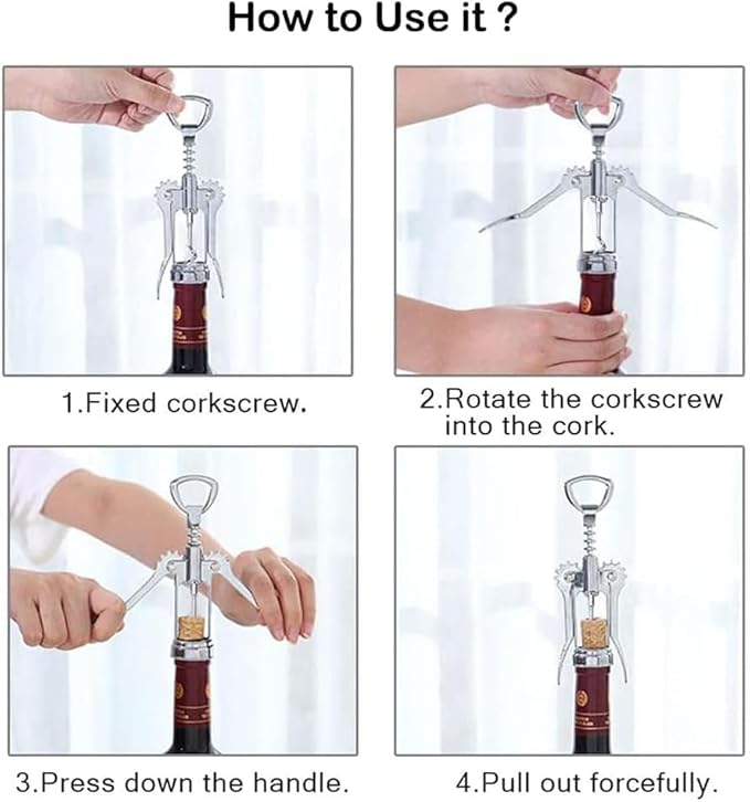 Wing Corkscrew Red Wine and Beer Bottle Opener with Wine Foil Cutter and Wine Stopper (401-Silver)