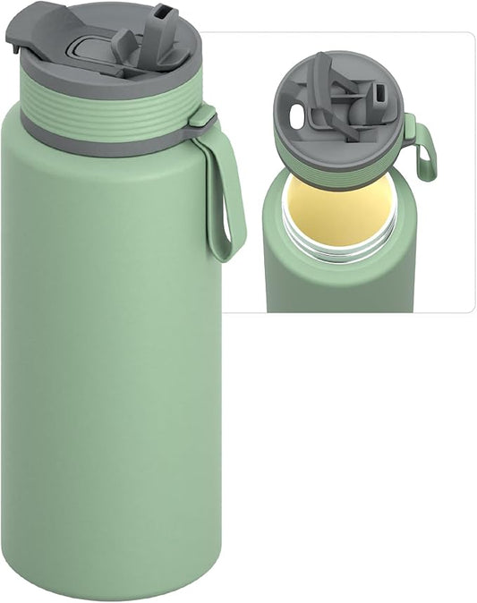 Asobu Boulder Puramic™ Insulated Sport Water Bottle with Dual Function Flip Open and Straw Lid for Hot Coffee and Cold Ice Coffee with Ceramic Coating 34 oz (Basil Green)