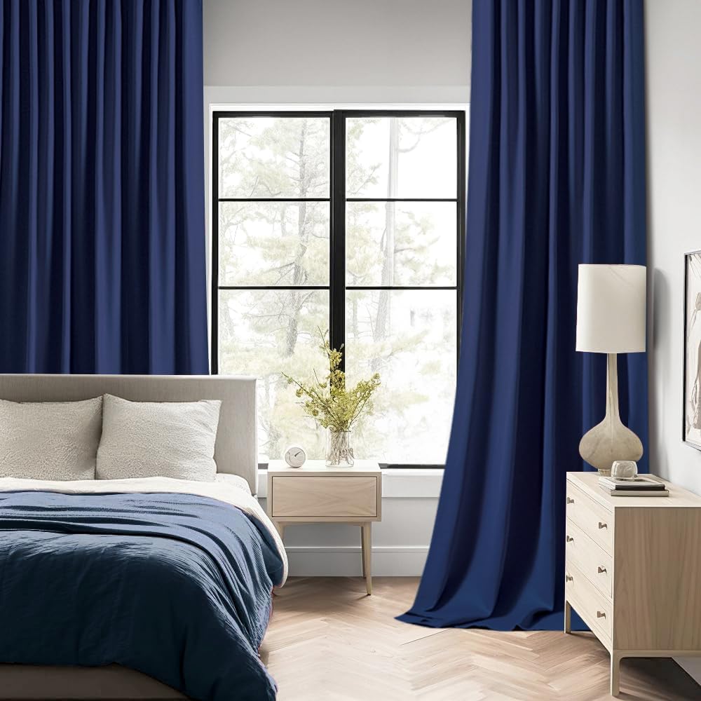 MIULEE Navy Blue Back Tab Blackout Curtains 90 Inches Long 2 Panels Set for Living Room Bedroom Privacy, Rod Pocket/Pinch Pleat Thermal Insulated Room Darkening Pleated Light Blocking Drapes