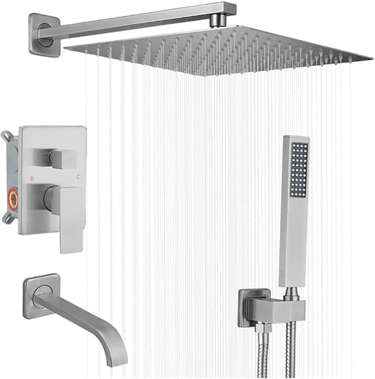 Brushed Nickel Shower System Bathroom Shower Faucet Set with Tub Spout Wall Mounted 12 Inch Shower Head and Handle Set with Handheld 3 Function Tub and Shower Trim Kit with Valve