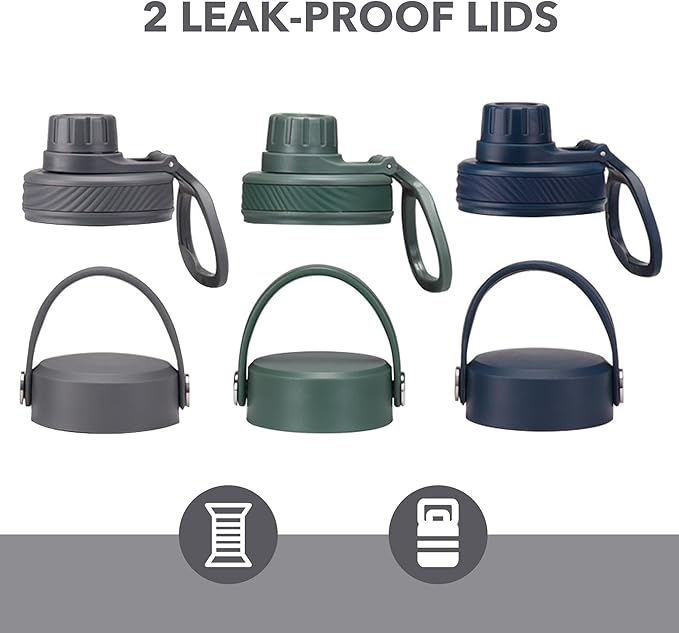 Grey 32 OZ Insulated Water Bottle, Dark Gray Large Metal Insulated Stainless Steel Water Flask, Big Sports Travel Water Bottle with 2 Lids, Insulated Thermos Thermal Mug Cup