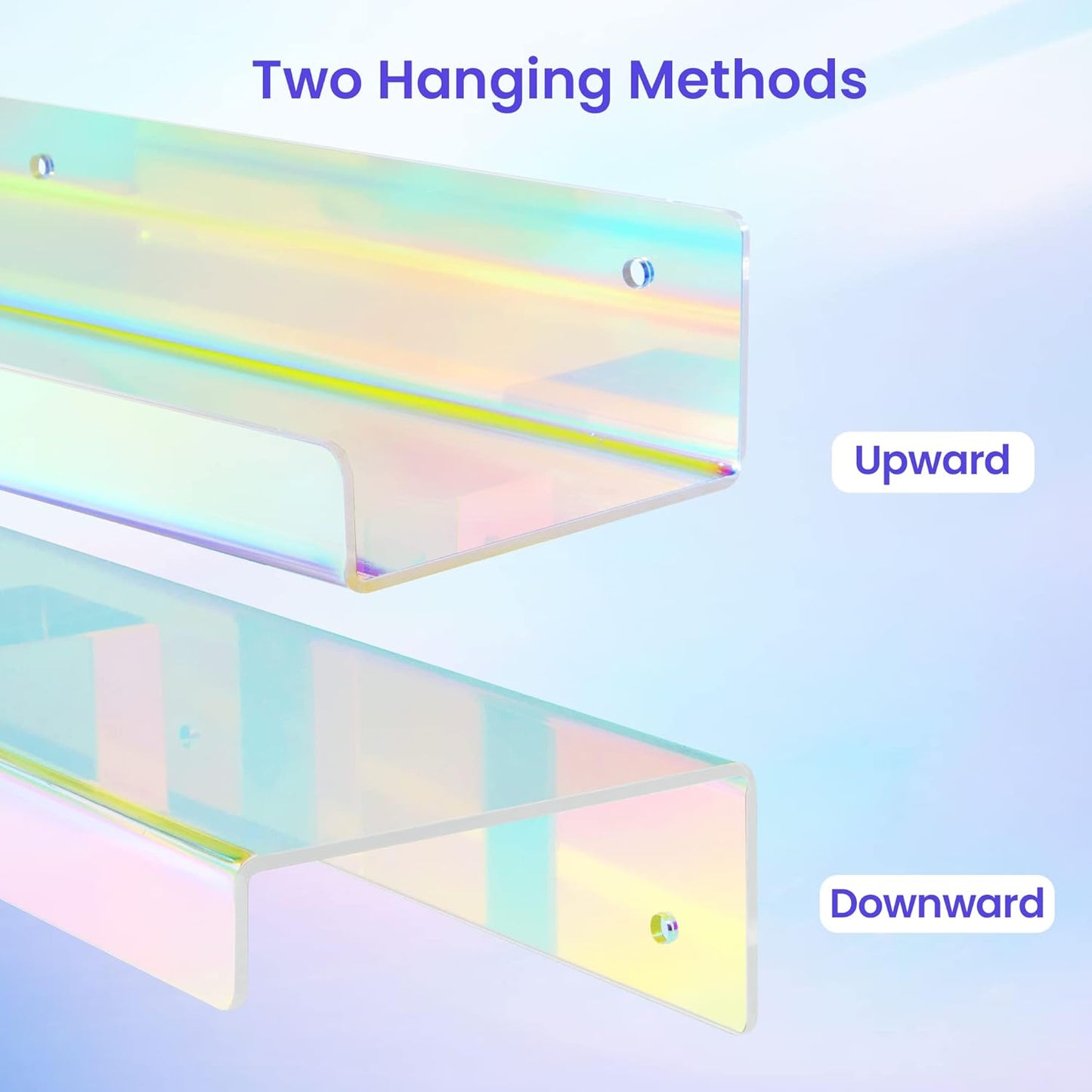 upsimples Acrylic Shelves for Wall Decor, 15" Display Shelf for Perfume, Skincare, Nail Polish, Wall Organizer for Bathroom, Bedroom, Living Room, Playroom, Kids Bookshelf, Iridescent, 2 Pack