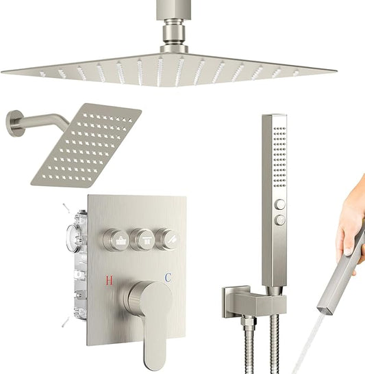 Shower Faucet Set Matte Black Shower System, 12" Ceiling Rainfall Shower and 8" Rain Shower with 2 in 1 Handheld, Can Use All at Once, Wall Mount Pressure Balance Rough-in Valve and Trim Kit