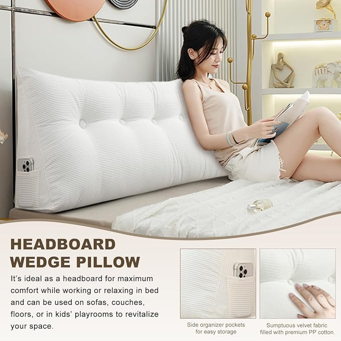 Headboard Pillow - Queen-Sized Headboard Wedge Pillow for Daybeds and Bunk Beds - Durable, Comfortable, with Removable Velvet Cover (White, 59x20x8Inches)