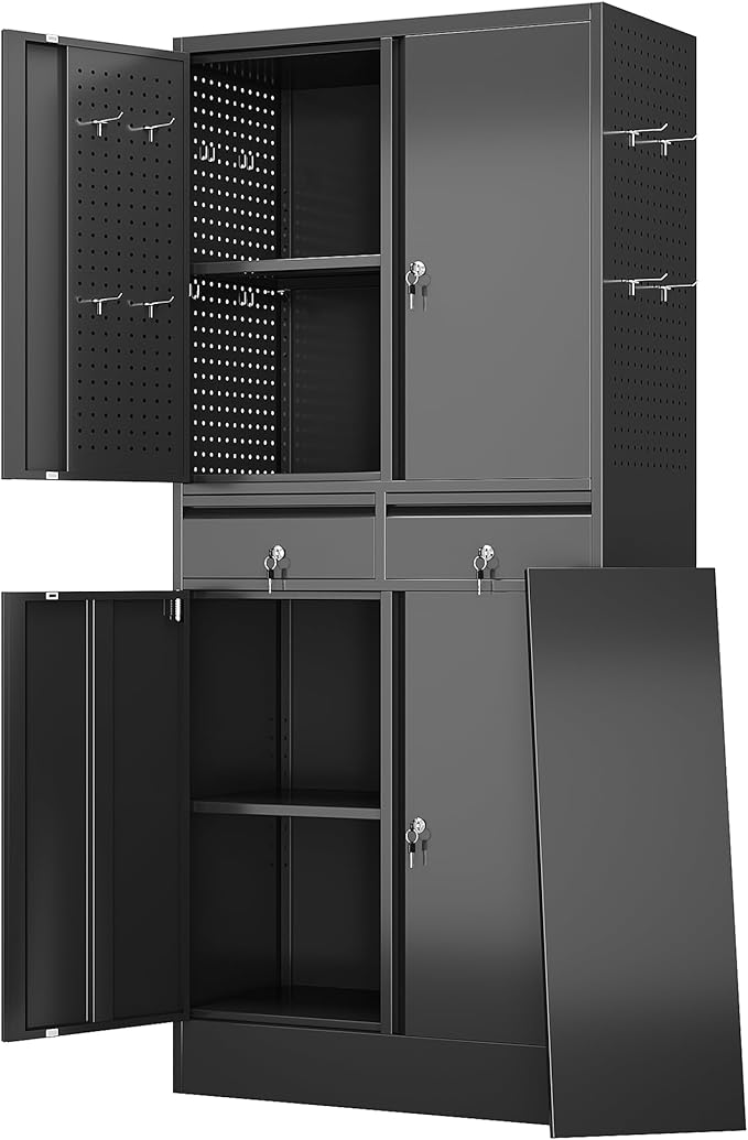 Metal Garage Storage Cabinet with Pegboards and Hooks,MetalTool Storage Cabinet with 2 Drawer and 2 Adjustable Shelves for Garage,Warehouse,Home,Office,School,Requires Installation,Black