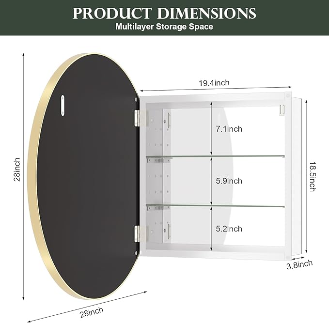 WallBeyond Bathroom Medicine Cabinet with Mirror, 28 Inch Gold Round Mirror Medicine Mabinet Wall Mounted with Aluminum Alloy Metal Framed, Surface Mount Medicine Cabinet with Storage