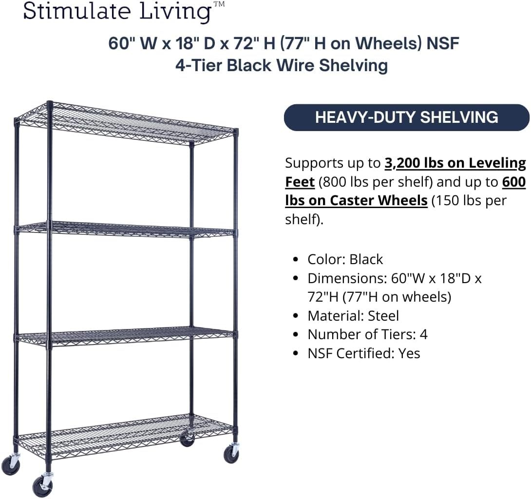 60"x18"x72" Prime Heavy Duty Black 4-Tier Wire Shelving NSF 3200 LBS MAX Capacity Storage Rack for Commercial, Hospital, School, Garage, and Kitchen Uses (with Wheels)