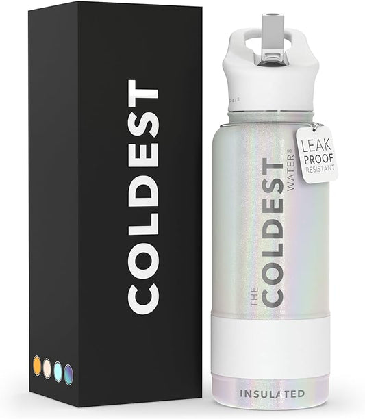 Coldest Sports Water Bottle with Straw Lid Vacuum Insulated Stainless Steel Metal Thermos Bottles Reusable Leak Proof Flask for Sports Gym(32 oz, Cosmic Ice Glitter)