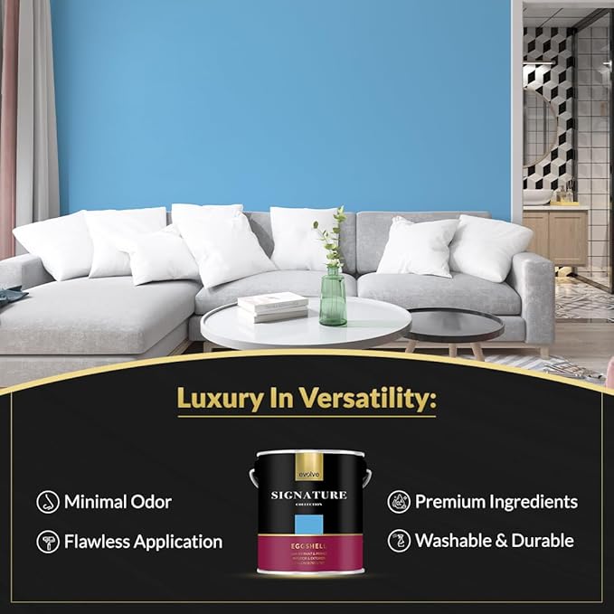 EVOLVE Signature Paint & Primer: Luxury Paint & Primer for Indoor & Outdoor Surfaces, Minimal Odor, Eggshell Sheen (Bimmer Blue, 1 Gallon)