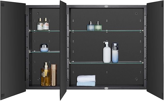 Black Bathroom Medicine Cabinet with Beveled Edge Mirrored Door 36 x 26 inch, Recessed or Surface Mount, with Adjustable Glass Shelves