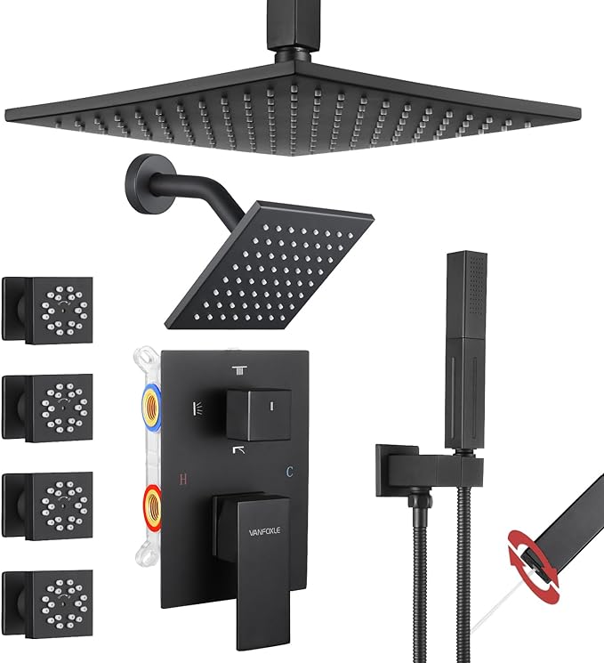VANFOXLE Shower Faucet Set Matte Black Shower System,Four Modes Shower Faucet with 2 in 1 Handheld,Ceiling Mount 10 Inch Shower Head with 6 Inch Shower Head, 4 PCS Dual Modes Body Jets