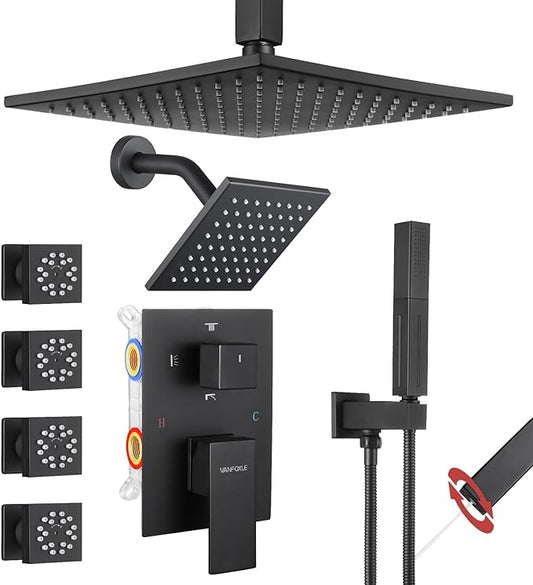 VANFOXLE Shower Faucet Set Matte Black Shower System,Four Modes Shower Faucet with 2 in 1 Handheld,Ceiling Mount 10 Inch Shower Head with 6 Inch Shower Head, 4 PCS Dual Modes Body Jets