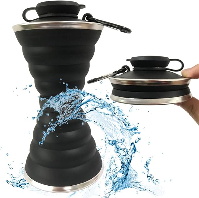 Collapsible Water Bottle, Camping Cup With Carabiner, Reuseable Silicone Foldable Leak Proof Portable Sports Travel Water Bottles For Outdoor, Travel Gym Hiking, BPA Free, Cycling Cups with Carabiner