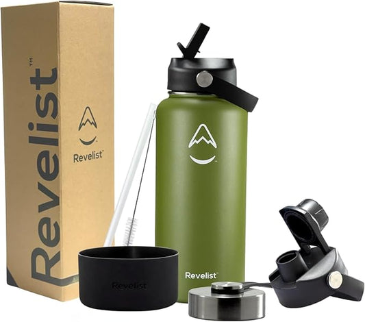 Revelist Sports Water Bottle - 32 Oz, 3 Lids (Straw Lid, Spout & Screw Top) with Boot, Vacuum Insulated Stainless Steel, Double Walled, Reusable Water Flask, Metal Canteen - Green & Black