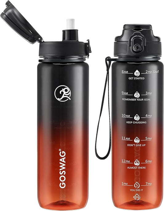 GOSWAG Water Bottles, 32 oz Motivational Sports Water Bottle with Straw and Time Marker to Remind You to Drink, Comes with Carry Strap, Leakproof