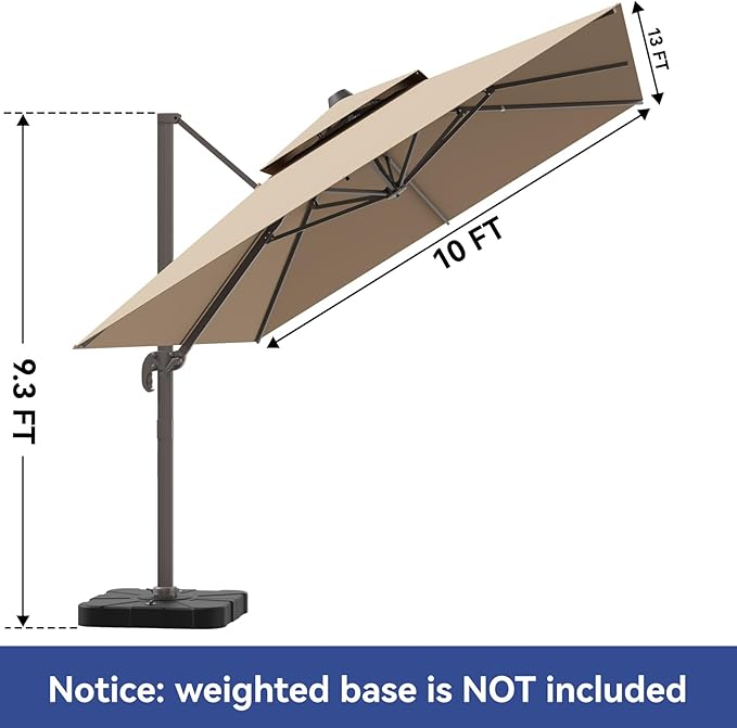 10x13FT Cantilever Outdoor Patio Umbrellas, Double Top Large Rectangle Umbrella, Heavy Duty 360° Rotation Offset Outdoor Sun Shade Umbrella for Garden Deck Pool Backyard Patio, Beige Brown