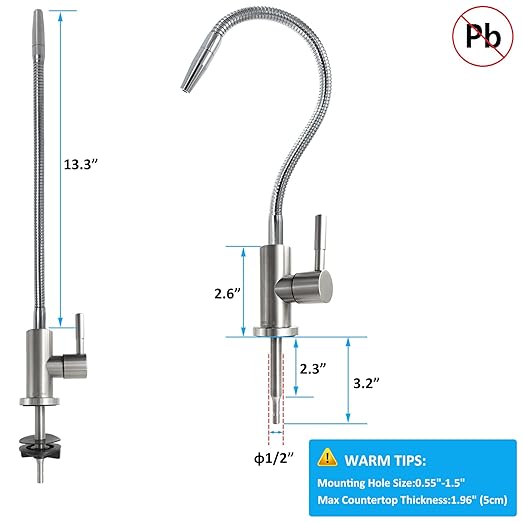 Kitchen Water Filter Faucet with Adjustable Gooseneck, Stainless Steel Drinking Water Faucet Lead-Free Safety for Water Filtration Systems or Reverse Osmosis Systems, Beverage Cold Water Faucet