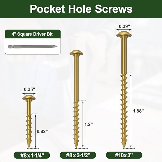 Pocket Hole Screws 1-1/4 Inch，1000Pcs Exterior Pocket Screws #8 X 1-1/4" Reverse-Thread 2X Faster Self-Tapping for Woodworking DIY Projects Pocket Joinery Drive Bit Included(Gold)