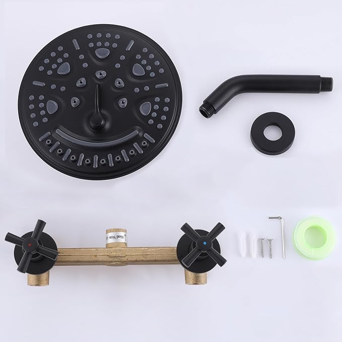 2 Handles Shower with 8'' Rainfall Shower Head,Single Function Shower Trim Kit with Rough-in Valve,Wall Mount,Matte Black