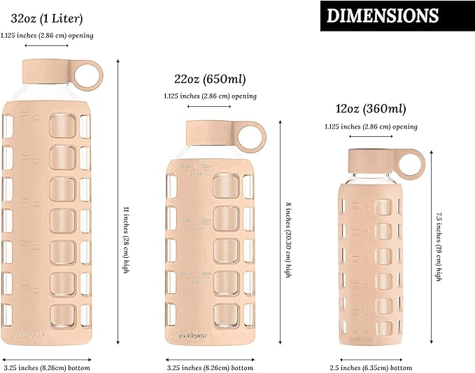 purifyou Premium 40/32 / 22/12 oz Glass Water Bottles with Volume & Times to Drink, Silicone Sleeve & Stainless Steel Lid Insert, Reusable Bottle for Fridge Water, Milk, Juice (32oz Hazelnut)