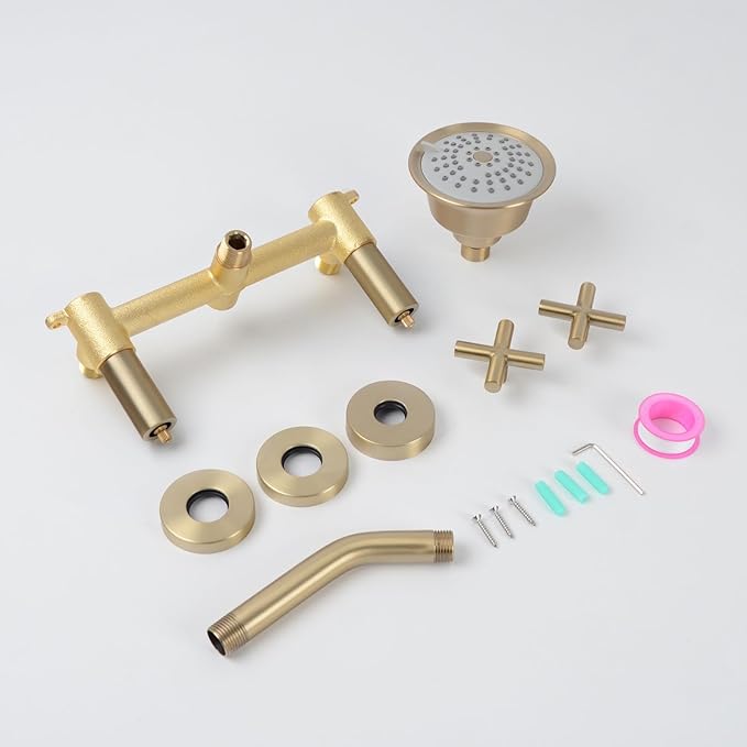 2 Handles Shower Faucet Set,Tub and Shower Trim Kit with Rough-in Valve,2 Handle Shower Faucet with 3 Modes Rainfall Shower Head,2 Knobs Single Function Shower Faucet,Brushed Gold,1A4MK-W
