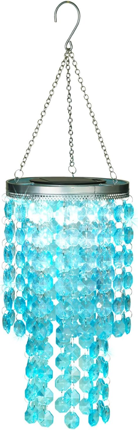 Hanging Solar Lantern Outdoor, 2 Tiers 21” Solar Blue Acrylic Beaded Chandelier with Cool White LED S Hooks for Garden Yard Patio Gazebo Outside Decor