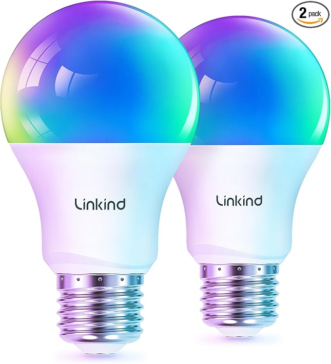 Linkind Matter Smart Light Bulb, Smart Bulbs Work with Apple Home/Siri/Alexa/Google Home/SmartThings, LED Color Changing Light Music Sync RGTBW, Smart Home, 60W 800LM A19 E26 2.4Ghz WiFi Only, 2 Pack