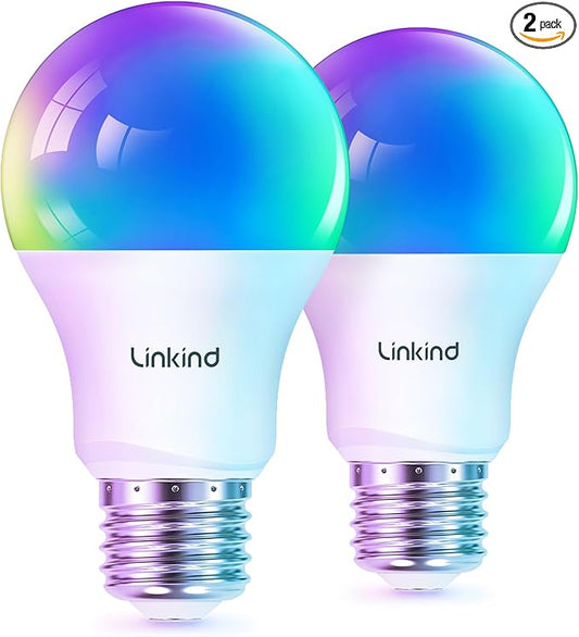 Linkind Matter Smart Light Bulb, Smart Bulbs Work with Apple Home/Siri/Alexa/Google Home/SmartThings, LED Color Changing Light Music Sync RGTBW, Smart Home, 60W 800LM A19 E26 2.4Ghz WiFi Only, 2 Pack