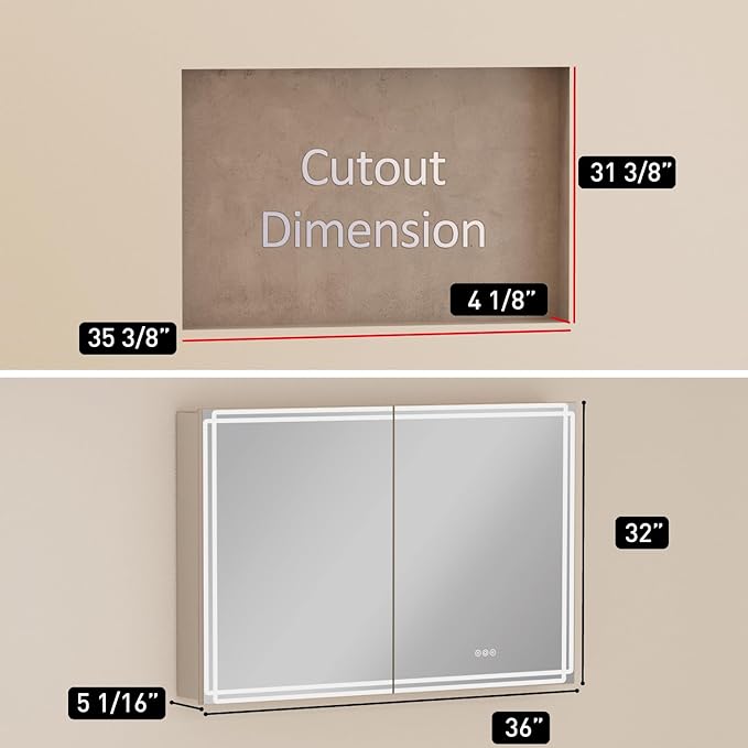 Buruis 36'' x 32'' Medicine Cabinet with Lights and Mirrors, Recessed or Wall Mounted Modern Bathroom Cabinet with 3-Mode Light, Anti-Fog, Dimmable, Memory Function, Outlet, Silver