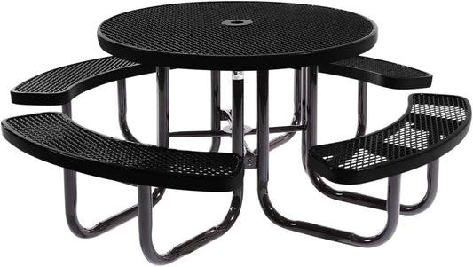 Coated Outdoor Furniture Heavy-Duty Portable Outdoor Picnic Table with Umbrella Hole, Expanded Metal Commercial-Grade Patio Dining Furniture Made in America (46" Round Top, Textured Black)