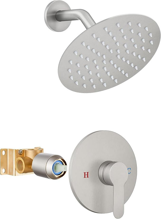Airuida Shower Faucet Set,8 Inch Round Rainfall Shower Head,SUS304 Stainless Steel Single Handle Shower Trim Kit,Wall Mount Bathroom System with Female Threads Valve Brushed Nickel