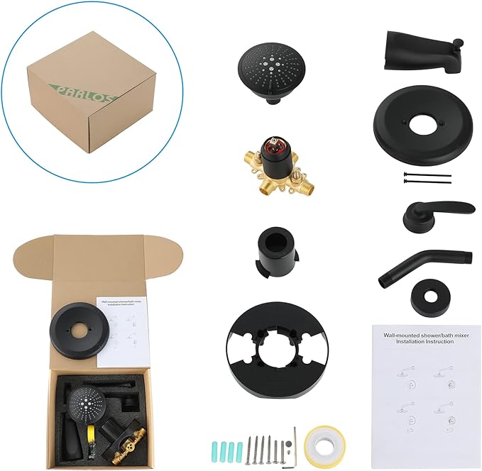 PARLOS Shower System, Matte Black Shower Faucet Set with Tub Spout(Valve Included), 5-Setting Mode Shower Head and Tub Spout with Diverter, Multi-Function Wall Mounted Shower Bathtub Combo, 1436904