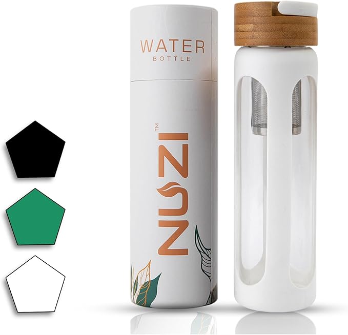 NUZI Glass Water Bottles with Stainless Steel Fruit Infuser | Insulated Water Bottle | Reusable Glass Water Bottles with Silicone Sleeve & Bamboo Lid | BPA Free and Leakproof | White | 1 Pc