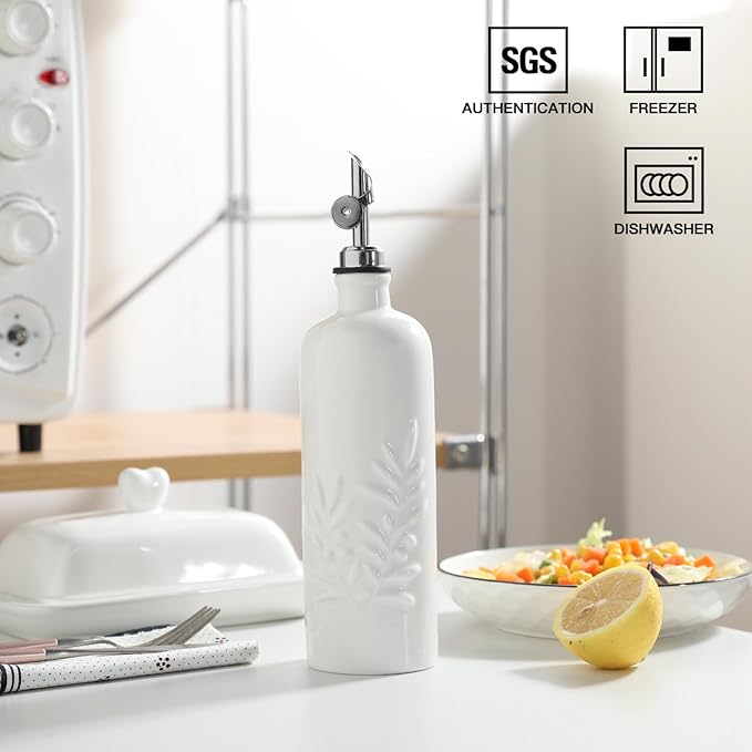 Sweejar 18 Oz Oil Dispenser for Kitchen with Gravity Spout, Ceramic Olive Oil Dispenser Bottle, Relief Opaque Vinegar Container for Evoo, Vinegar, Soy Sauce, Pack of 1(White, Silver Spout)