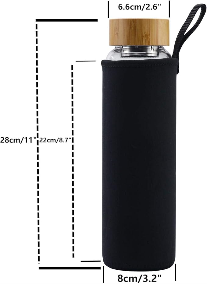 Glass Water Bottle 32 oz Wide Mouth with Sleeve Bamboo Lid Motivational Water Bottle With Time Marker Reusable Safe for Hot Cold Drinks Bpa Free (Black)