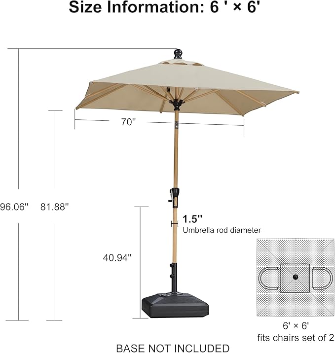 PURPLE LEAF 6' x 6' Market Umbrella Outdoor Table Umbrella Aluminum Patio Umbrella with Push Button Tilt & 8 Sturdy Ribs and Crank Outdoor Umbrellas for Deck Backyard Beach, Beige