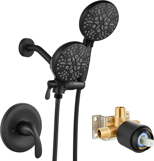 gotonovo Shower Valve and Trim Kit 2 in 1 Shower Head and Handle Set System Bathroom Shower Faucet Set 3 Modes Various Combinations High Pressure with Rough-in Valve Matte Black