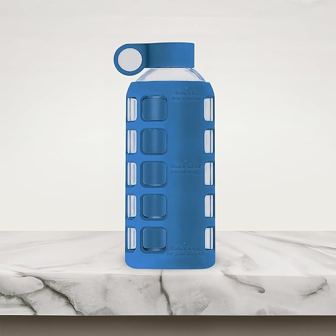 purifyou Premium 40/32 / 22/12 oz Glass Water Bottles with Volume & Times to Drink, Silicone Sleeve & Stainless Steel Lid Insert, Reusable Bottle for Fridge Water, Juice (22oz Chinese Porcelain)