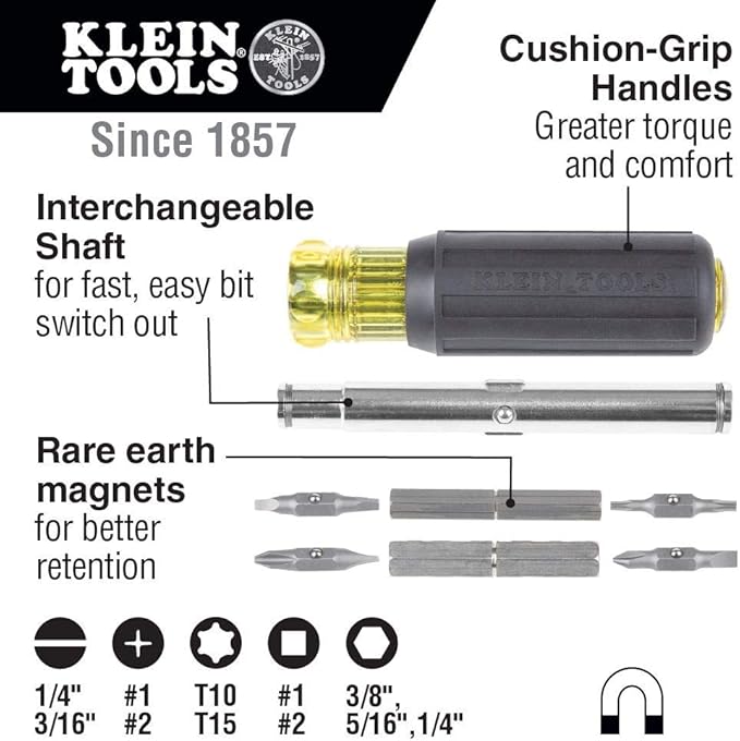 Klein Tools 80045 11-in-1 Magnetic Screwdriver Set, 32910 7-in-1 Impact Flip Socket Set and Electronics Screwdrivers