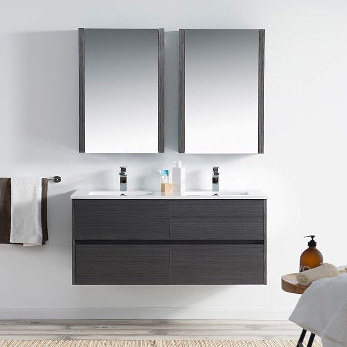 Blossom Valencia Bathroom Vanity with Double Ceramic Sinks and Mirror Medicine Cabinet | All Wood Floating Vanity Cabinet | 2x2 Soft-Closing U-Shaped Cutout Drawers | 48 Inch, Silver Grey