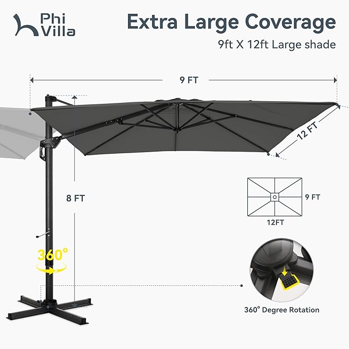 PHI VILLA 9'x12' Outdoor Patio Deck Umbrella with Base. 360° Rotation & 6-Level Tilt with Easy Crank Handle. Rectangle Offset Cantilever Umbrella Heavy Duty for Garden Poolside Backyard (Grey)