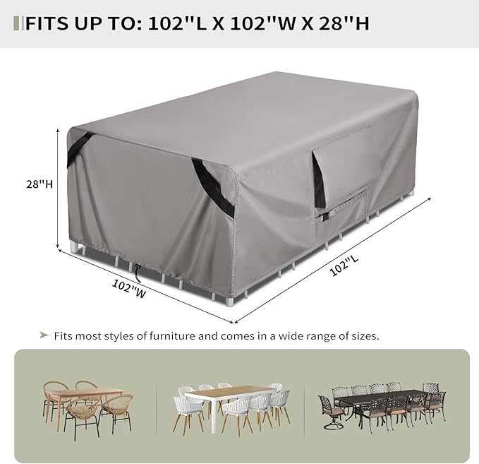KylinLucky Patio Furniture Covers Waterproof 600D Heavy Duty - 102 x 102 inch All-Weather Outdoor Dining Set Cover for 8ft x 8ft Table and Chairs