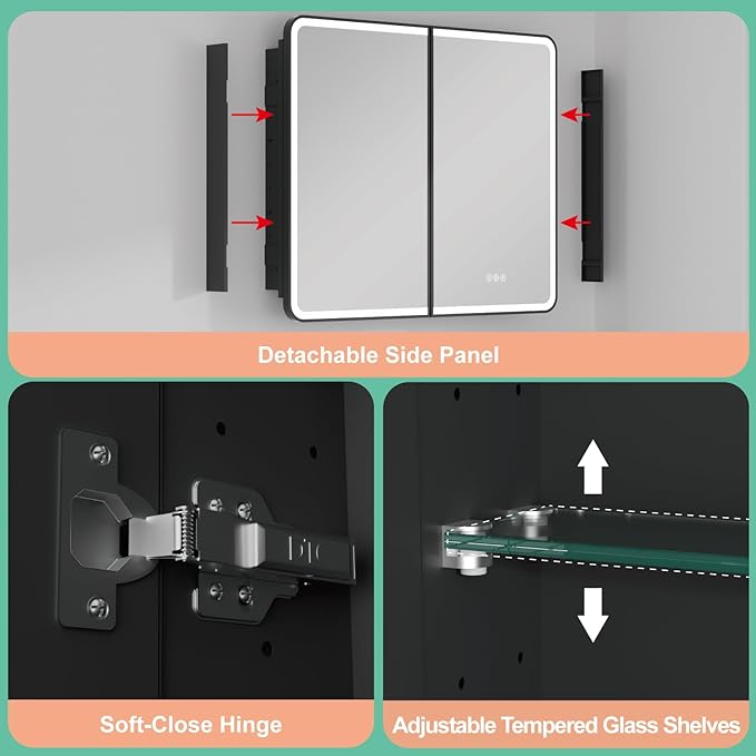 32x30 Inch Medicine Cabinet with Mirror, Recessed or Surface Mount Bathroom Medicine Cabinet with LED Lights, Anti-Fog, Memory Function, Adjustable Shelf, Dimmable Light, ETL Listed, Black