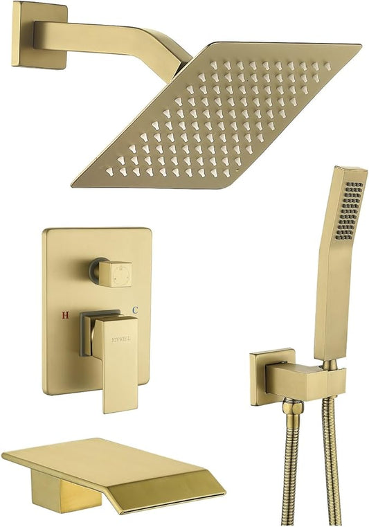 JOYWELL Bathroom Shower Faucets sets Complete Brushed Gold Bath tub Shower Faucet set with 8" Shower Head/Handheld Shower and Tub Faucet Combo