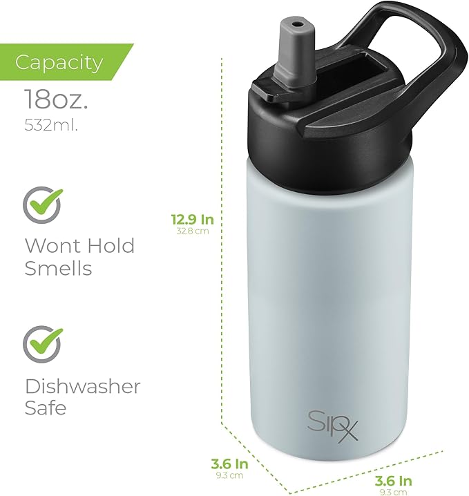 SipX™ Triple-Insulated Stainless Steel Water Bottle 18oz. With 3 Lids, BPA-Free Reusable Insulated Water Bottle Keeps Cold 24 Hours, Metal Water Bottle Made Of Sustainable Material For Hiking & Biking